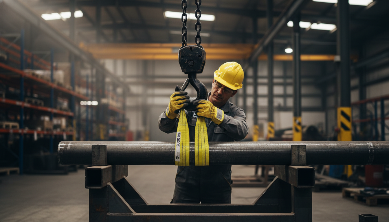 Operador industrial ajustando uma cinta de elevação amarela em uma carga pesada num armazém.
