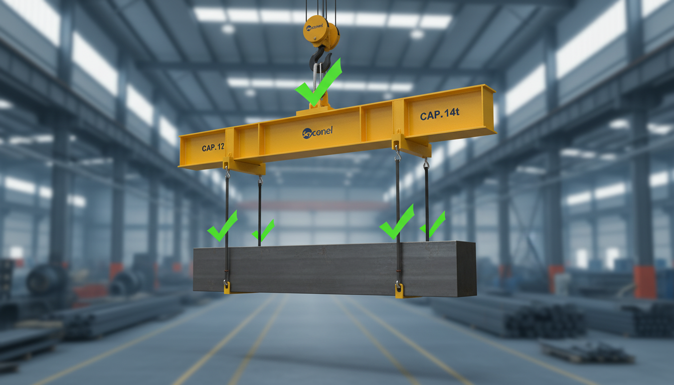 Ilustração técnica de uma carga sendo içada corretamente com equilíbrio