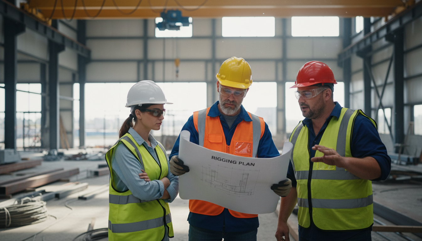 Equipe de segurança do trabalho analisando plano de rigging em canteiro de obras