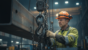 Trabalhador industrial utilizando EPIs inspecionando uma carga