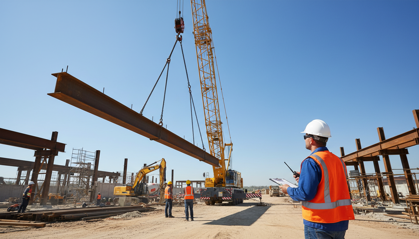 Guindaste industrial realizando operação de içamento com segurança em canteiro de obras