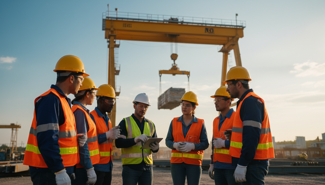 Equipe industrial reunida em círculo usando EPIs discutindo plano de segurança com guindaste ao fundo