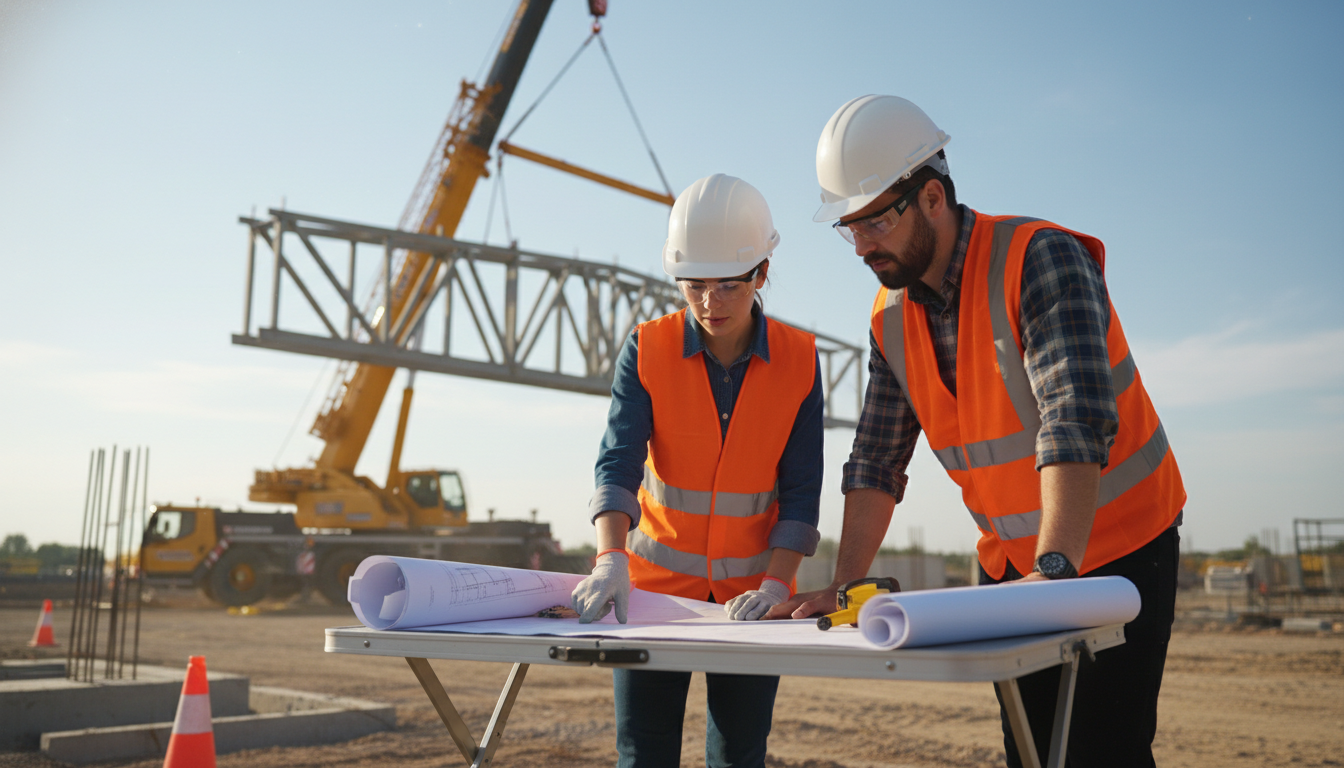 Engenheiros analisando planta de içamento industrial com guindaste ao fundo
