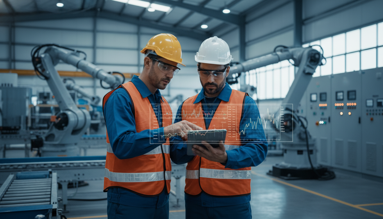 Engenheiros analisando planta elétrica industrial e dados de estudo de carga em um tablet.