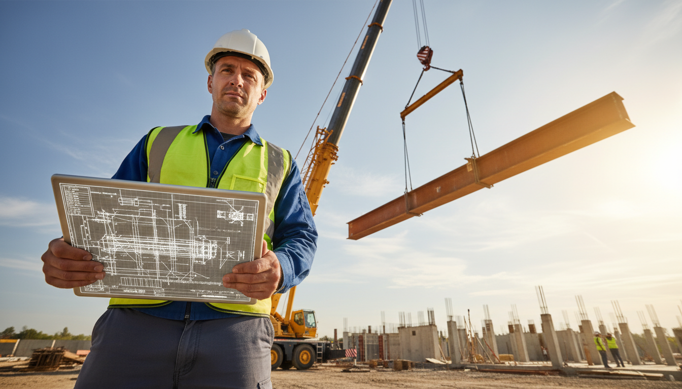 Engenheiro analisando plano de rigging em canteiro de obras industrial com guindaste ao fundo