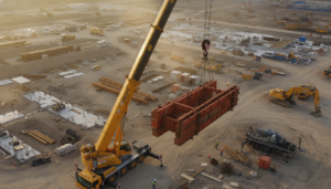 Guindaste telescópico amarelo realizando içamento de carga pesada em canteiro de obras sob céu azul
