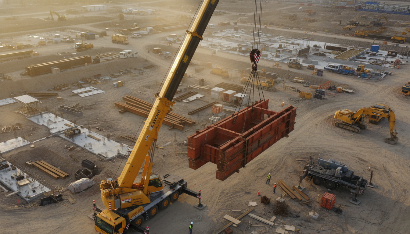 Guindaste telescópico amarelo realizando içamento de carga pesada em canteiro de obras sob céu azul