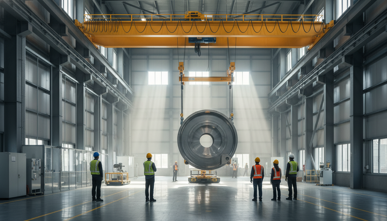 Interior de fábrica moderna com ponte rolante amarela movendo carga pesada, representando a engenharia de elevação.
