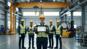 Equipe analisando checklist de inspeção em tablet industrial