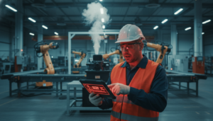 Engenheiro preocupado analisando uma máquina industrial parada com fumaça, ilustrando a falta de manutenção.