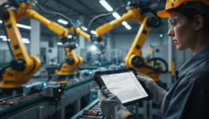 Engenheiro industrial analisando histórico de inspeções em tablet dentro de fábrica moderna