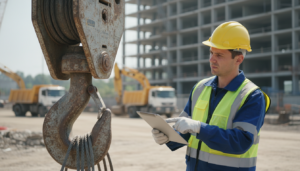 Engenheiro de segurança realizando inspeção em gancho de guindaste industrial