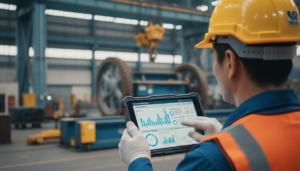 Engenheiro inspecionando tablet com dados de manutenção de guindaste