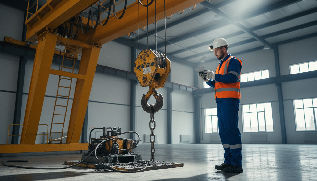 Técnico realizando manutenção preventiva em uma ponte rolante industrial amarela
