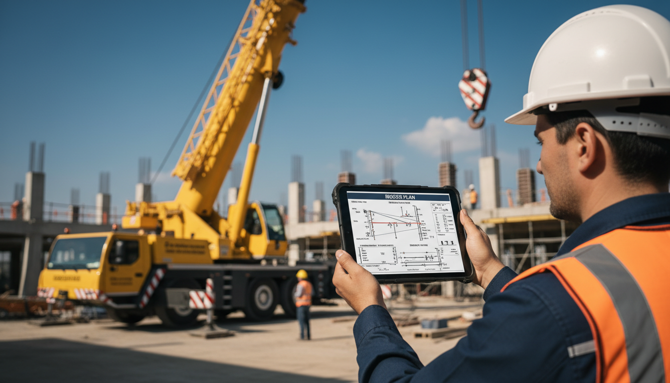 Engenheiro analisando plano de rigger em tablet com guindaste ao fundo