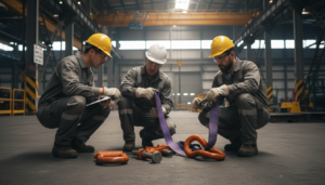 Equipe inspecionando cintas e manilhas para içamento de carga