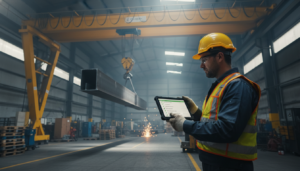 Operador industrial verificando tablet com checklist em frente a uma ponte rolante amarela.