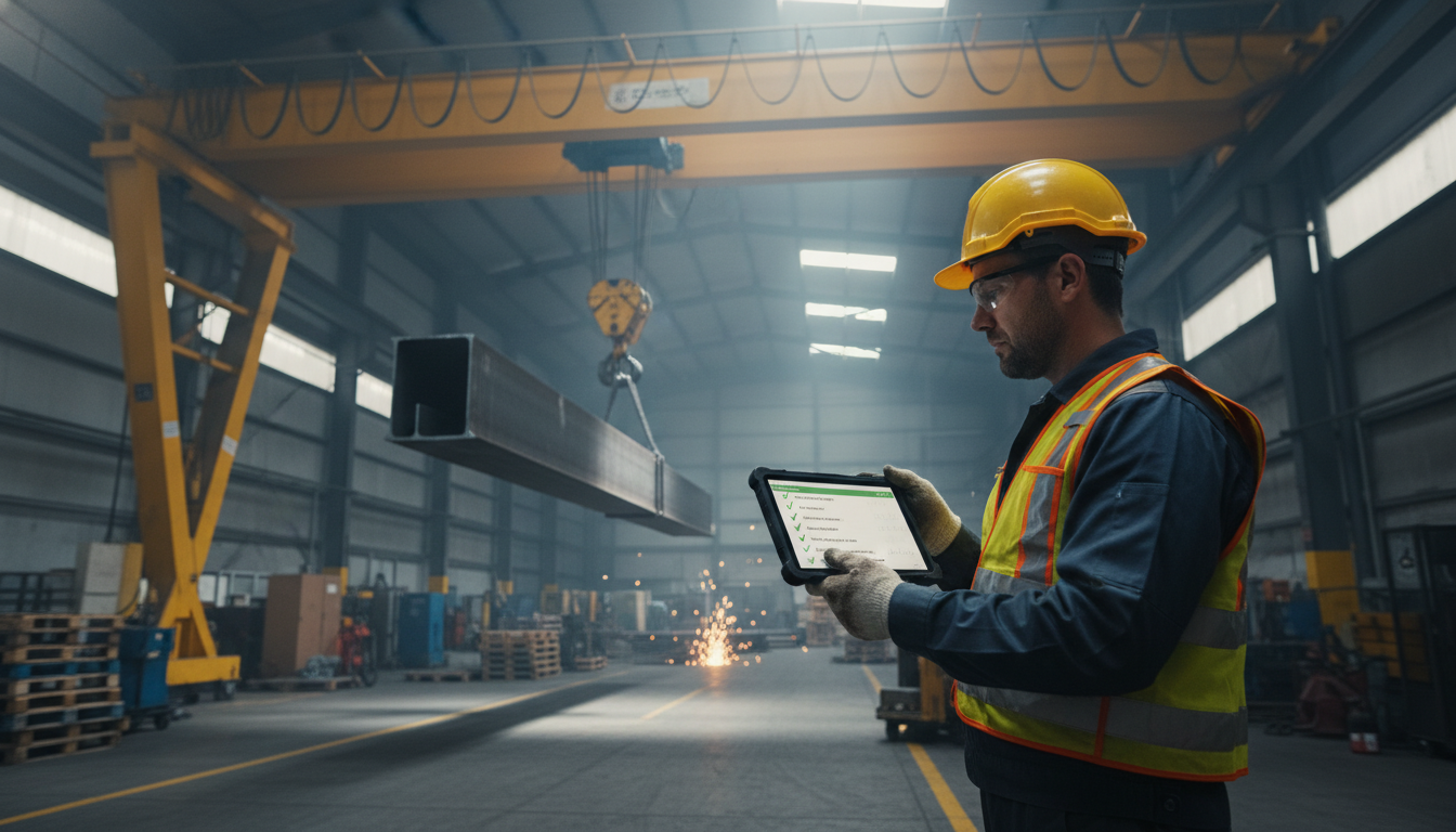 Operador industrial verificando tablet com checklist em frente a uma ponte rolante amarela.