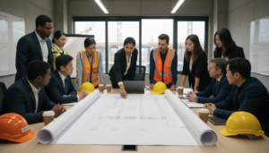 Equipe de engenharia analisando plano de rigging sobre uma mesa