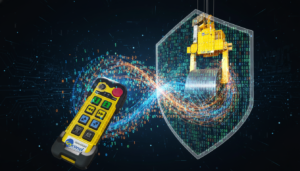 Ilustração técnica abstrata de ondas de rádio e criptografia de dados industriais