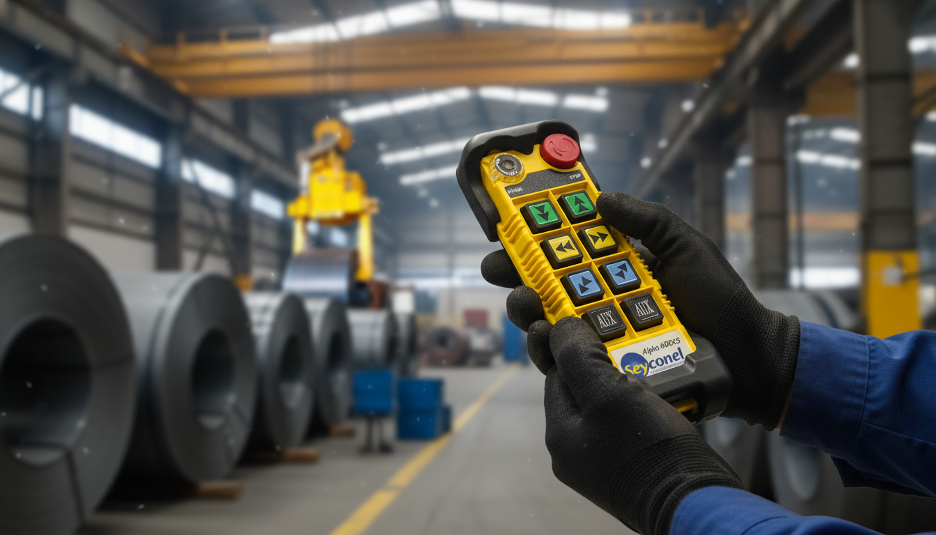 Operador industrial utilizando controle remoto amarelo em fábrica siderúrgica