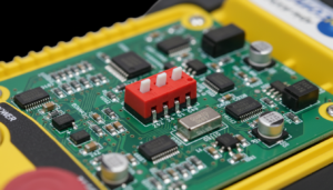 Detalhe técnico de microchaves e componentes eletrônicos de configuração de frequência