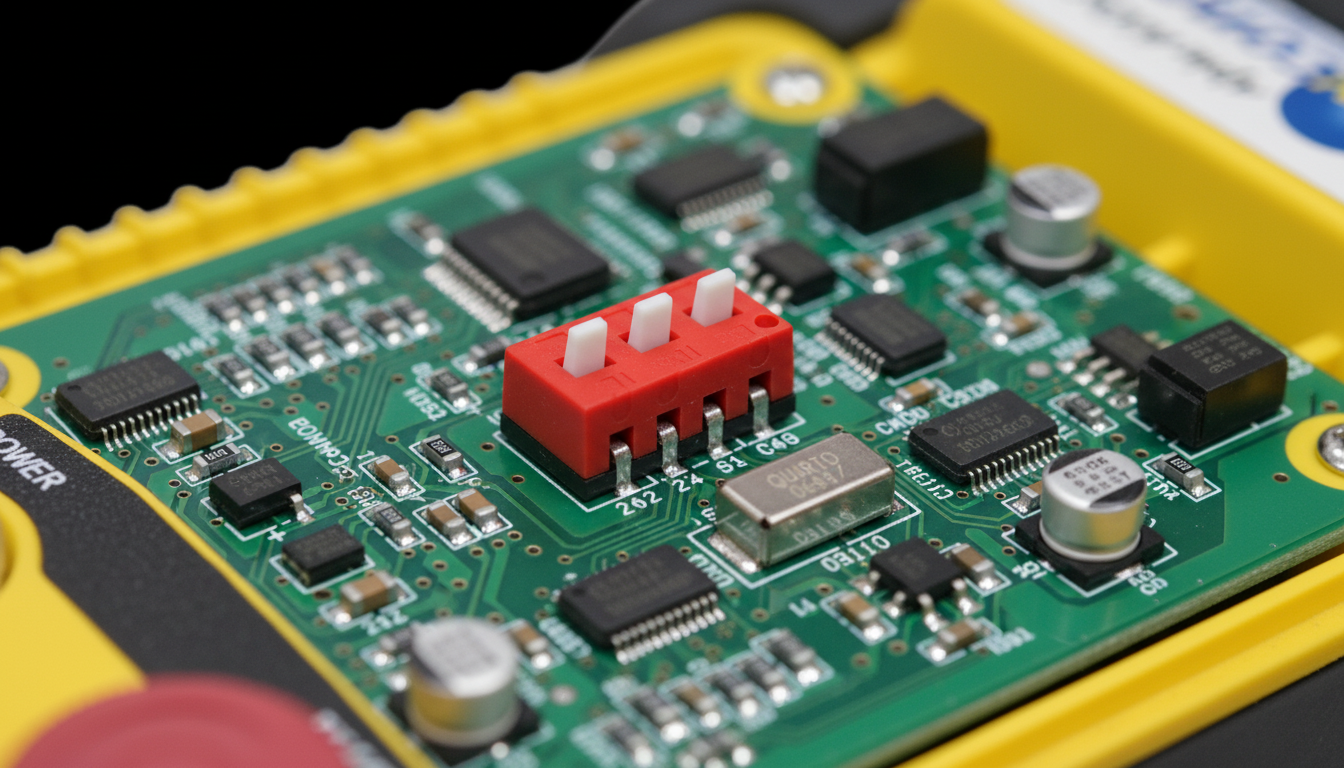 Detalhe técnico de microchaves e componentes eletrônicos de configuração de frequência