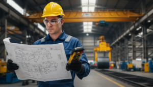 Técnico industrial analisando diagrama elétrico de controle remoto de ponte rolante