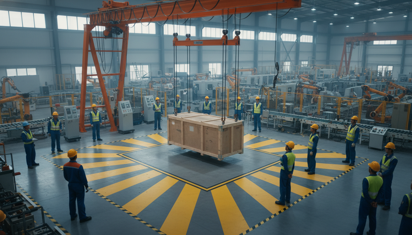 Ponte rolante movendo carga pesada em fábrica com sinalização de segurança