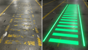 Comparação entre sinalização pintada desgastada e projeção de luz nítida